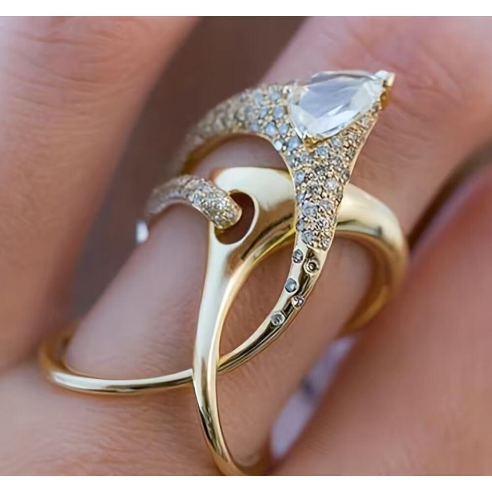 Gold Tone Pear Cut Crystal Statement Ring for Women – Open Wrap Design Size (7)
